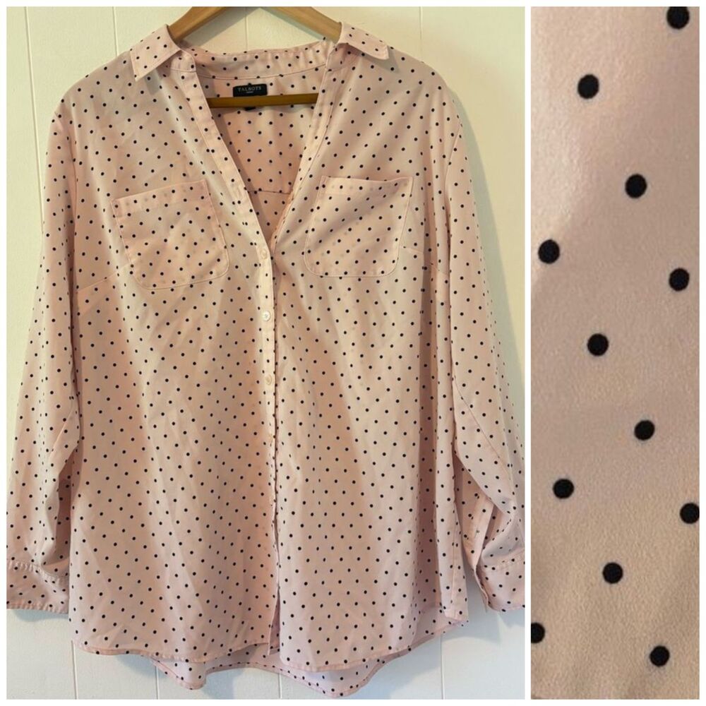 Talbots 1X Button Down Blouse Pink/Black Polka Dot Polkadot Career Work V Neck